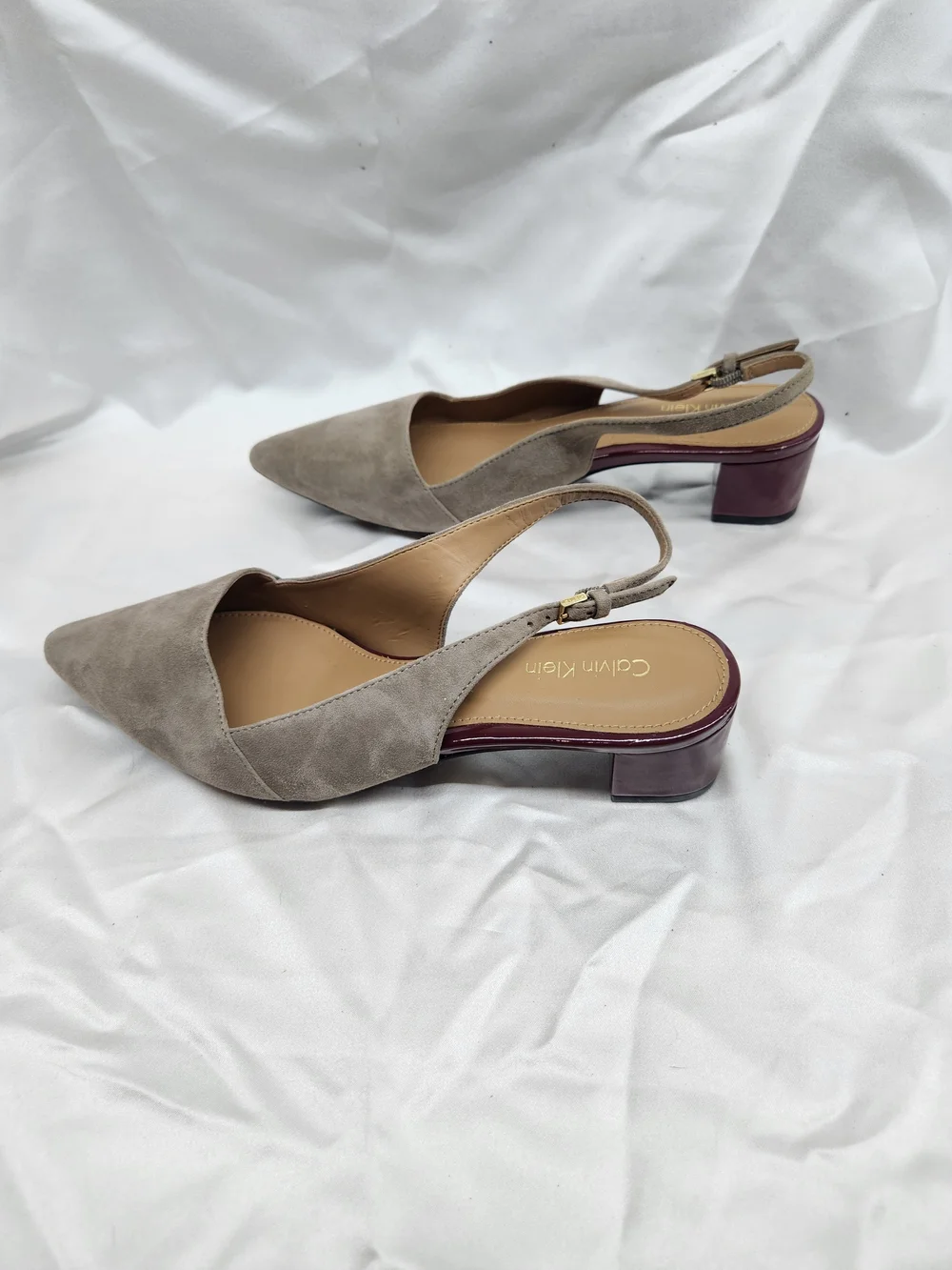 Calvin Klein Taupe Suede Pointed Slingback Kitten Heel